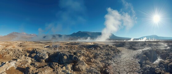 Fototapeta premium Geothermal Steam Emanating from Volcanic Landscape