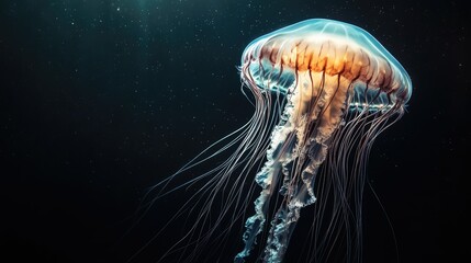 Fototapeta premium A large jellyfish floating majestically through the sea, with a dark background providing copy space. -