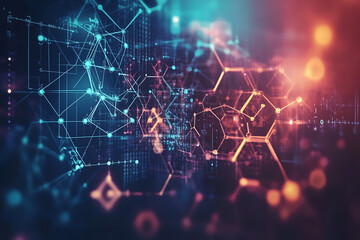 Obraz premium An abstract digital background image featuring molecular structures, geometric shapes, and modern data connections, symbolizing the fusion of healthcare and technology, innovation, and modern medicin