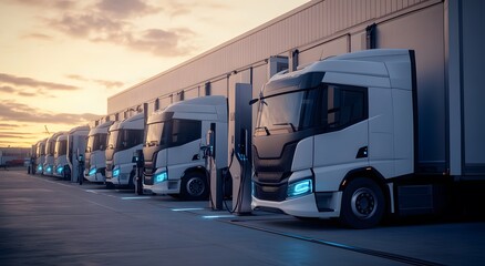A row of electric trucks charging at the port, showcasing sustainable industrial logistics in action. The vehicles stand next to high-tech charging stations.