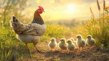 A mother hen guiding her chicks through a field, with a large open background for copy.