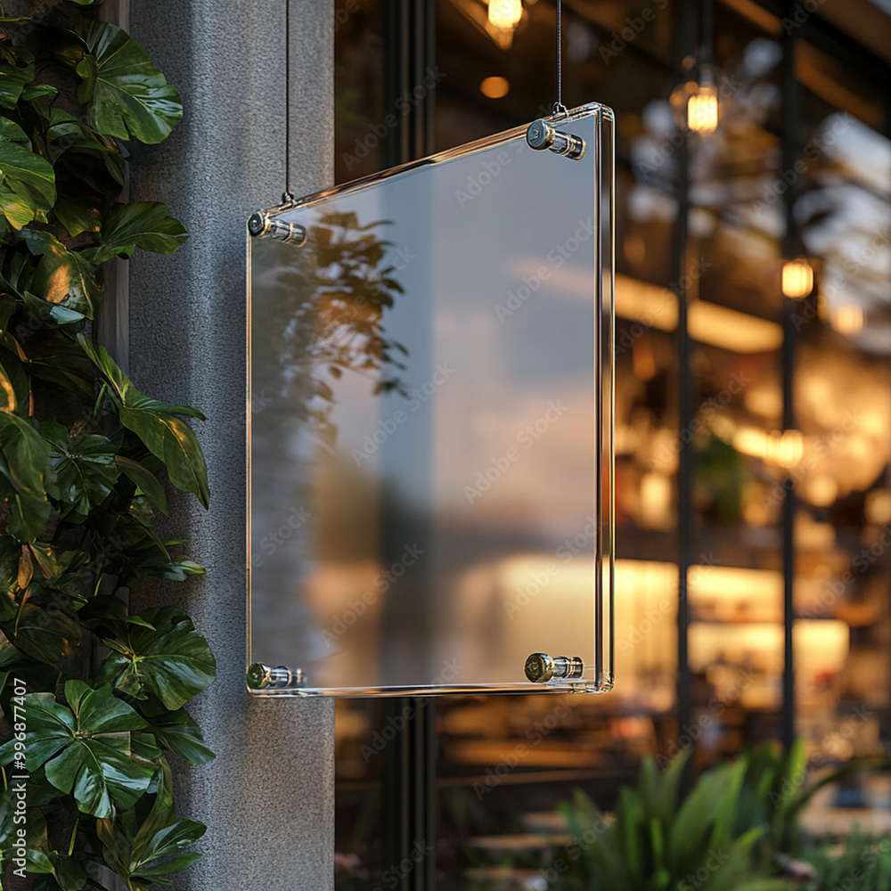 Poster a modern blank square store signage design mockup is displayed against backdrop of greenery and warm