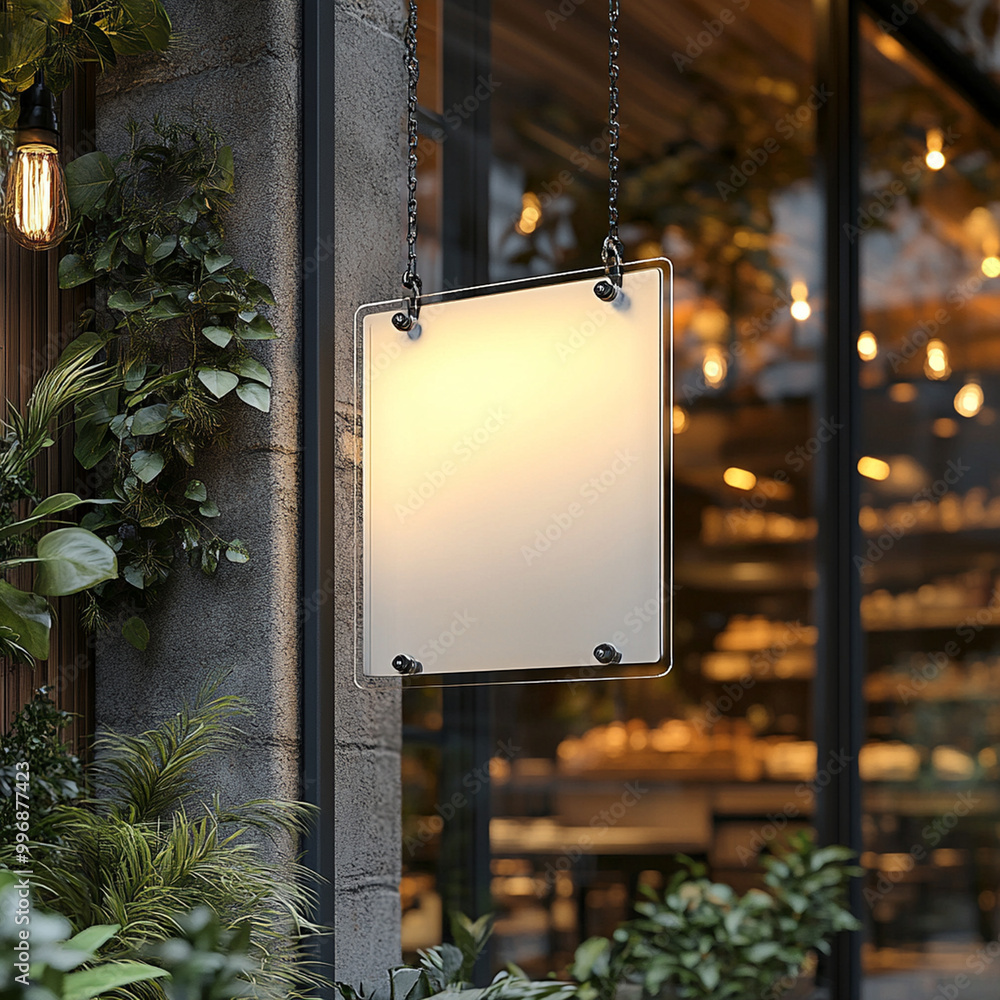 Poster a blank square store signage design mockup is displayed in cozy setting, surrounded by lush greenery