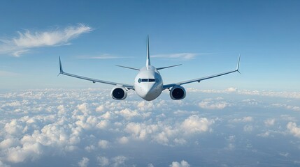 A passenger airplane in mid-flight with a smooth, blue sky providing room for copy.