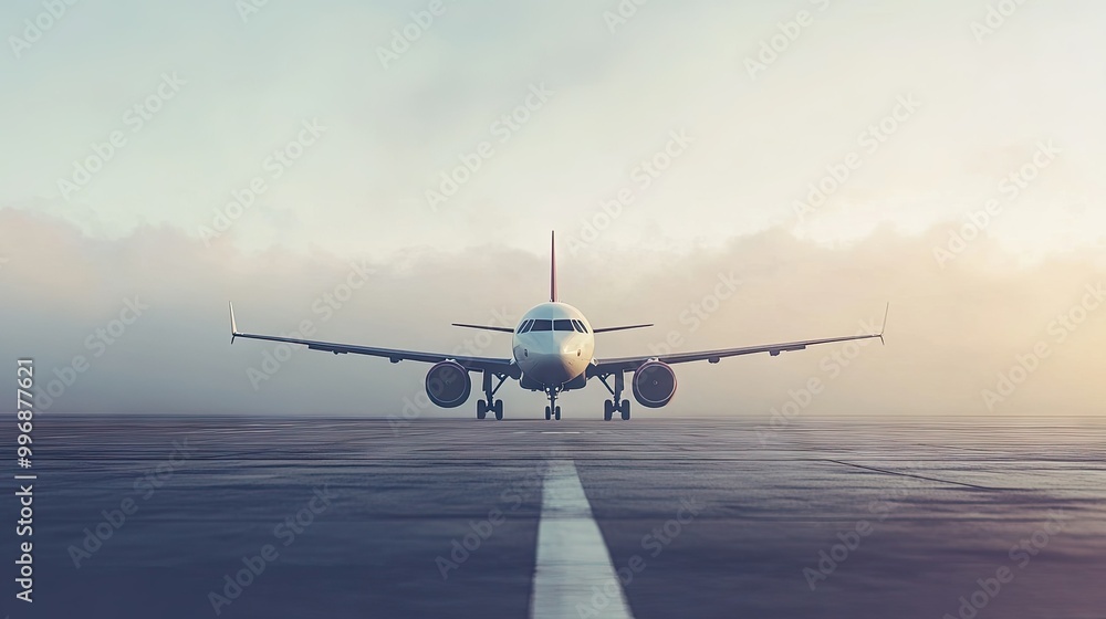 Poster a passenger airplane taxiing on the runway with a clear horizon for text placement.