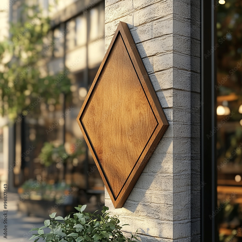 Poster wooden triangular signage design mockup displayed on brick wall, surrounded by greenery, creating wa