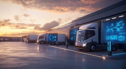 A row of electric trucks charging at the port, showcasing sustainable industrial logistics in action. The vehicles stand next to high-tech charging stations.