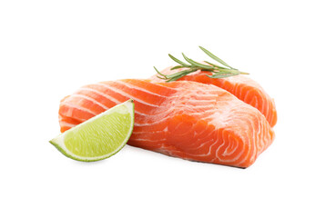 Pieces of fresh salmon, rosemary and lime isolated on white
