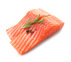 Pieces of fresh salmon, peppercorns and rosemary isolated on white