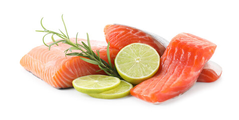 Pieces of fresh salmon, lime and rosemary isolated on white