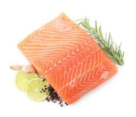 Piece of fresh salmon, lime and spices isolated on white, top view