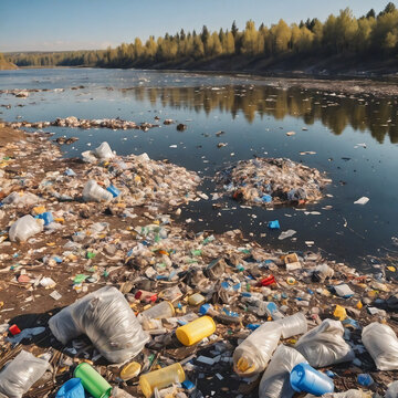 Polluted river with plastic waste