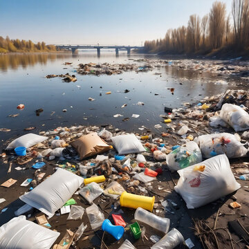 Polluted river with plastic waste