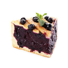 Slice of delicious homemade blueberry pie with mint isolated on white