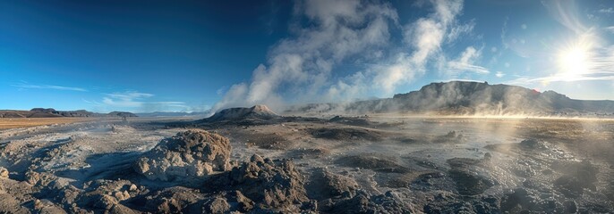 Naklejka premium Volcanic Geothermal Site with Rising Steam and Landscapes