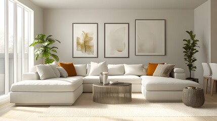 Spacious and bright contemporary living space featuring a generously sized sectional sofa a neutral color palette with color highlights