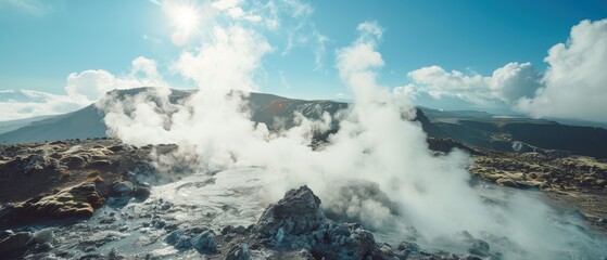 Steam Emanating from Geothermal Landscape in Nature