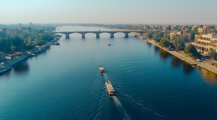 Naklejka premium a ship is crossing a river with a bridge in the background Nile River Harmony Boats and Cars in Perfect Sync Under the Egyptian Sun