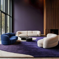 Contemporary violet living room with textured sofas and abstract rug. Interior mockup with clean walls for pictures, posters, paintings, sculptures, and other wall art.