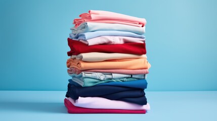 An artfully stacked pile of neatly folded clothes in various colors against a blue background symbolizes organization and tidiness.