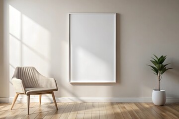 Minimalistic mockup featuring an empty white frame in a bright room with a beige chair and potted plant. Perfect for showcasing artwork or posters in modern interior settings.