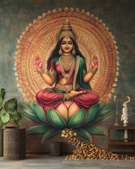 Obraz premium A large wall mural of Lakshmi, depicted in a traditional style with vibrant reds, greens, and golds, seated on a lotus with flowing gold coins, perfect for temples or cultural spaces