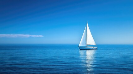 Fototapeta premium A single sailboat in open waters, with blue sky and ocean offering plenty of space for text.