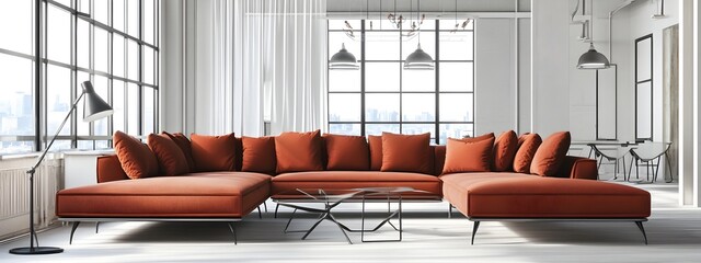 Stylish and comfortable modern living room with a large L shaped sectional sofa in a rich color tone minimalist yet sophisticated decor with metal and glass accents bright and airy atmosphere