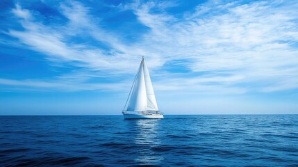 Obraz premium A single sailboat in open waters, with blue sky and ocean offering plenty of space for text.