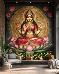 Fototapeta premium A large wall mural of Lakshmi, depicted in a traditional style with vibrant reds, greens, and golds, seated on a lotus with flowing gold coins, perfect for temples or cultural spaces
