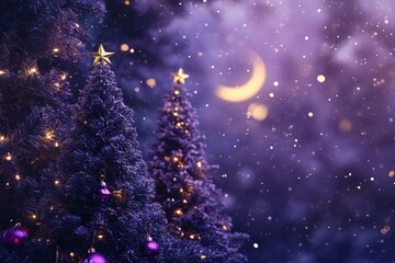 Fototapeta premium Elegant Christmas night scene with a Purple Basil color backdrop, stylized Christmas trees in deep violet