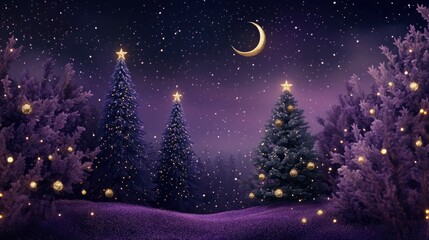 Fototapeta premium Elegant Christmas night scene with a Purple Basil color backdrop, stylized Christmas trees in deep violet