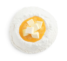 Cooking homemade pie. Flour with eggs and butter isolated on white, top view