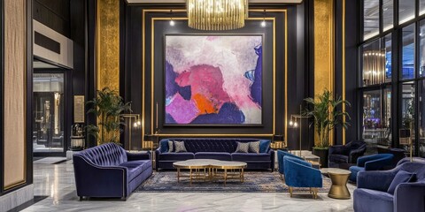 Elegant hotel lobby with Purple Basil color scheme, sophisticated velvet sofas in deep violet
