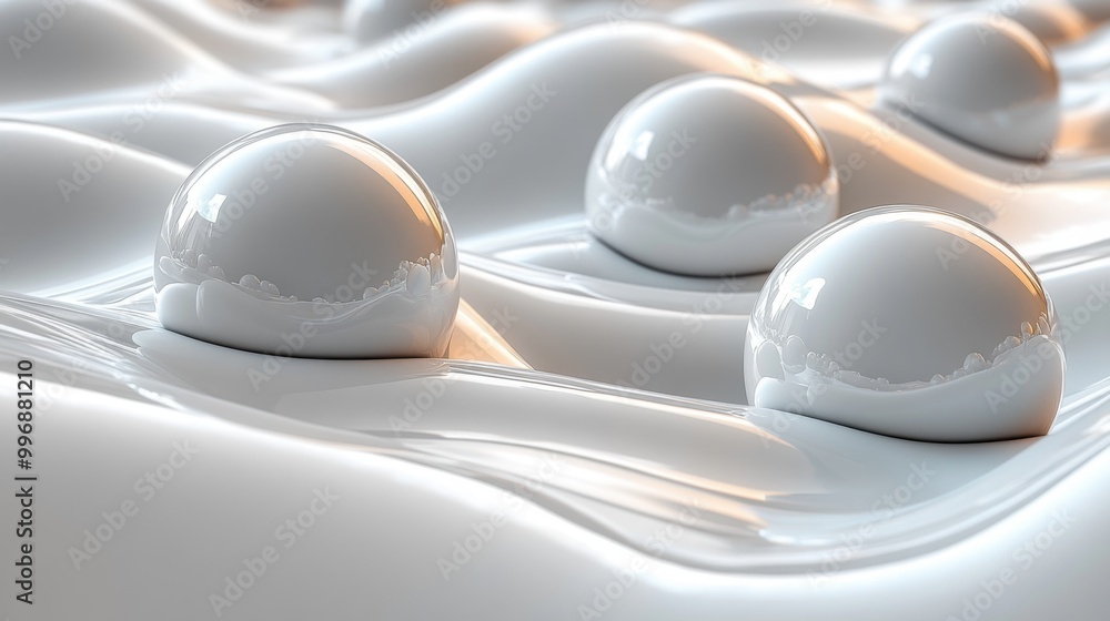 Poster white background with 3d spheres in motion, creating a sleek and dynamic design.