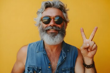 Gray-haired man in sunglasses making peace sign gesture against yellow background	