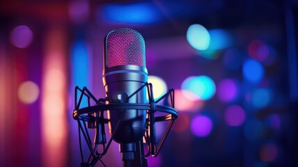 A silver vintage microphone stands prominently against a blurred, colorful bokeh background, hinting at the vibrancy of a music event or studio ambiance.