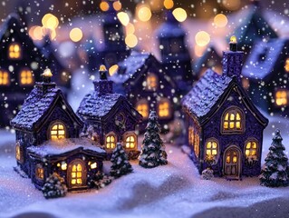 Fototapeta premium Festive Purple Basil colored Christmas village scene, deep violet and midnight blue cottages