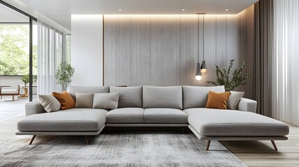Stylish and Inviting Modern Living Space with Cohesive Minimalist Design Comfortable L Shaped Sofa Natural Wood Tones and Calming Ambiance