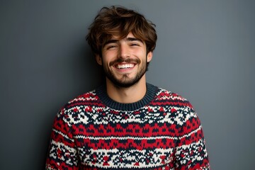 Fototapeta premium Smiling young man wearing a patterned winter sweater in front of a gray background 