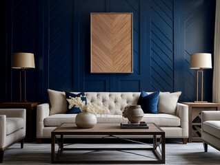 Living room interior in modern and classic styles with abstract chevron decorated wooden panneling. Neutral and navy colors interior with wooden wall panels.
