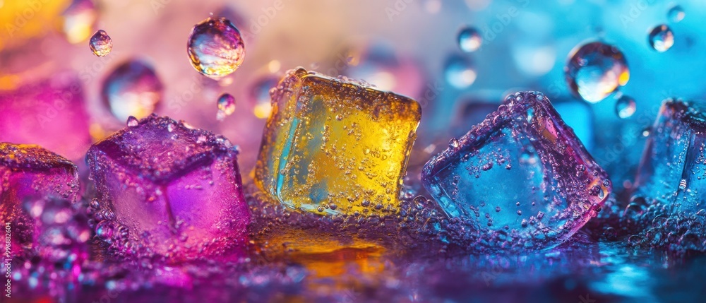 Poster colorful ice cubes submerged in liquid, surrounded by floating bubbles.