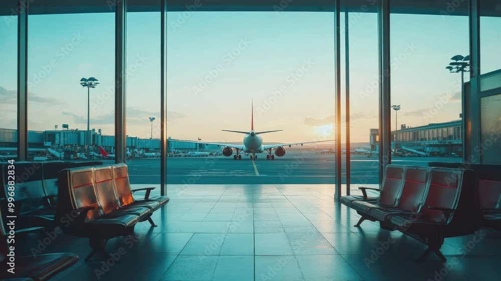 Poster a view of multiple airplanes at an airport gate with a clean, spacious background for text.