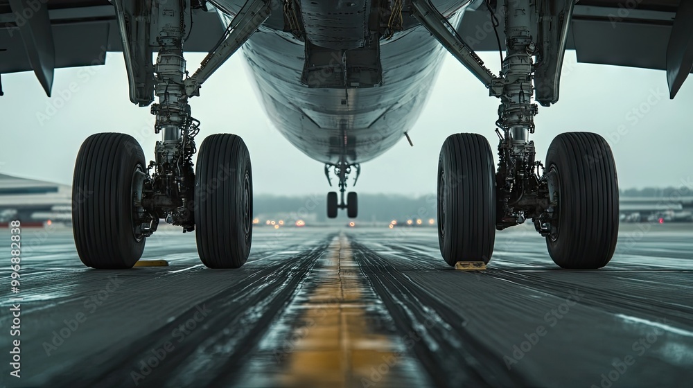 Poster a view of an airplane landing gear with a clear runway and space around for text.
