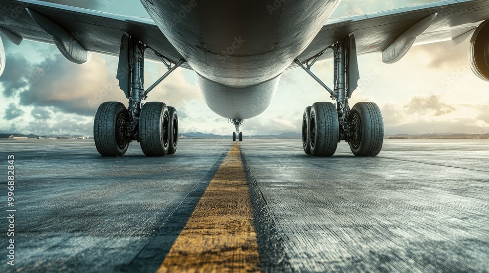 Poster a view of an airplane landing gear with a clear runway and space around for text.