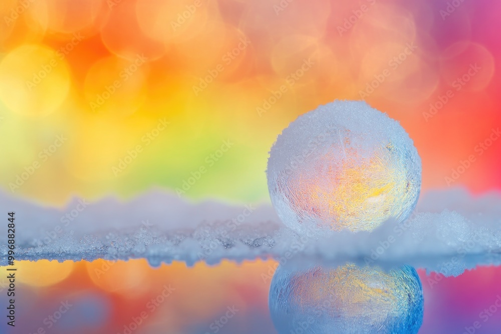 Wall mural Frozen Sphere on a Bed of Snow with a Rainbow Background