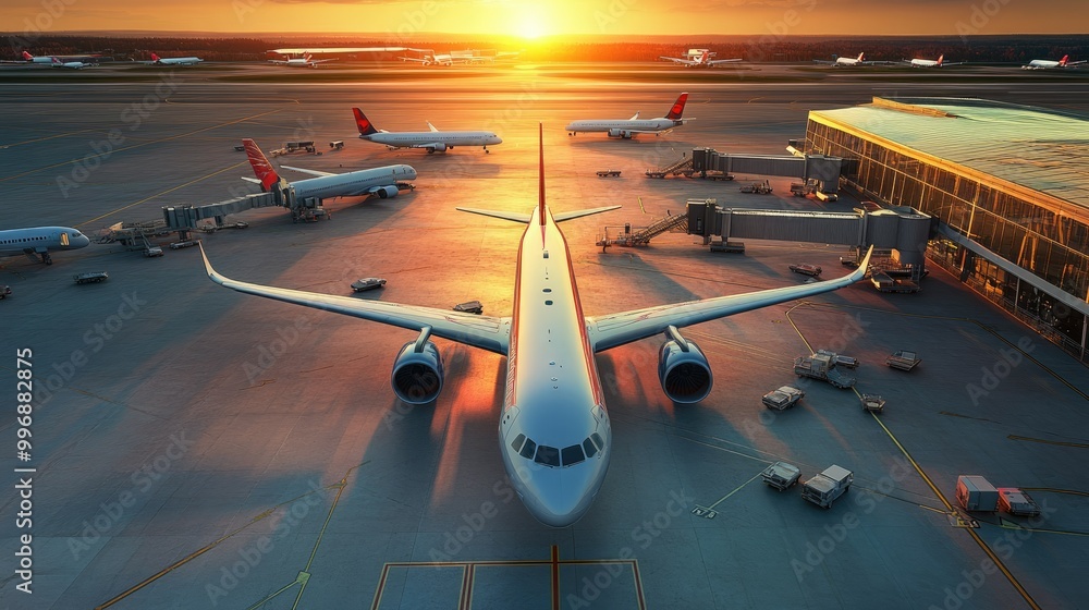 Poster a view of multiple airplanes at an airport gate with a clean, spacious background for text.
