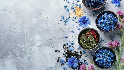 Dry tea leaves and cornflowers on light table. Space for text