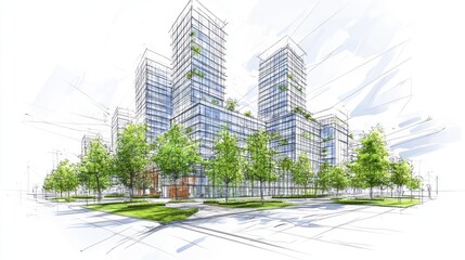 Fototapeta premium Architectural Sketch of Modern Cityscape