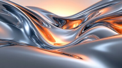 Obraz premium Futuristic abstract landscape with molten metal curves reflecting soft light, creating a surreal glowing atmosphere. No people, no logo.